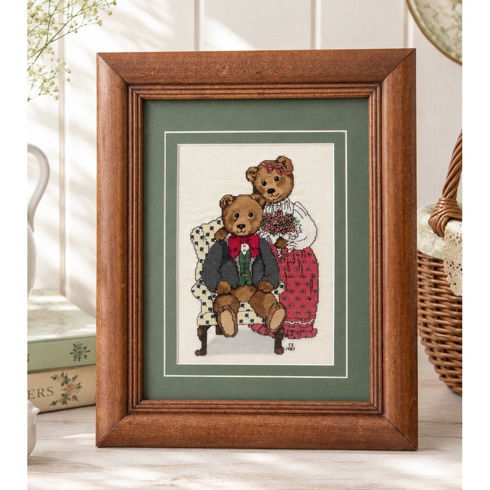 1980's Cute Teddy Bear Cross Stitch Embroidery Framed 11x14 Grandmacore Wall Art